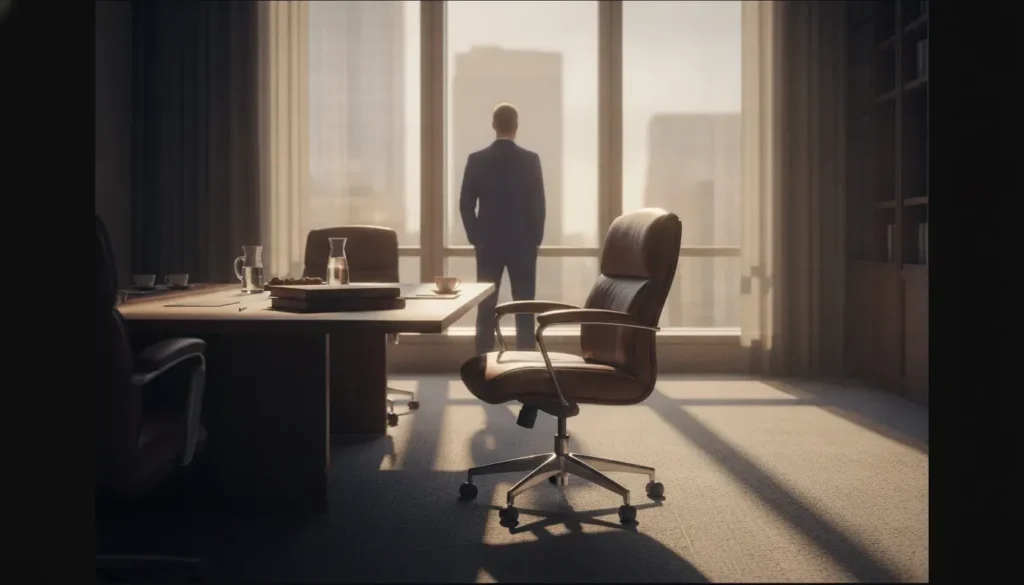 A quiet executive meeting room with an empty chair, suggesting leadership practiced beyond the formal board table