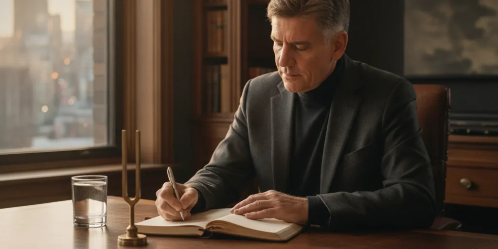A person journaling beside a window, reflecting on values and next steps