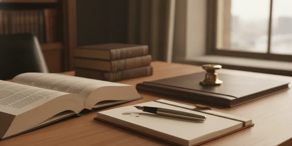 Open leadership book beside a notebook and pen on a quiet wooden desk