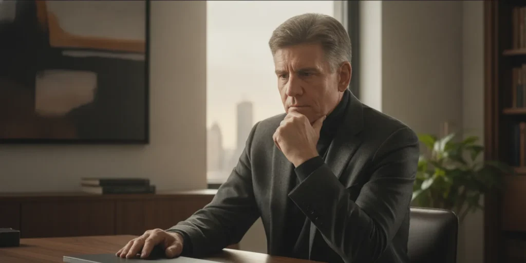 Leader pausing thoughtfully at a desk before responding to a challenging message