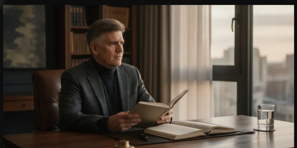 A person reflecting beside a window with an open book about identity and human possibility